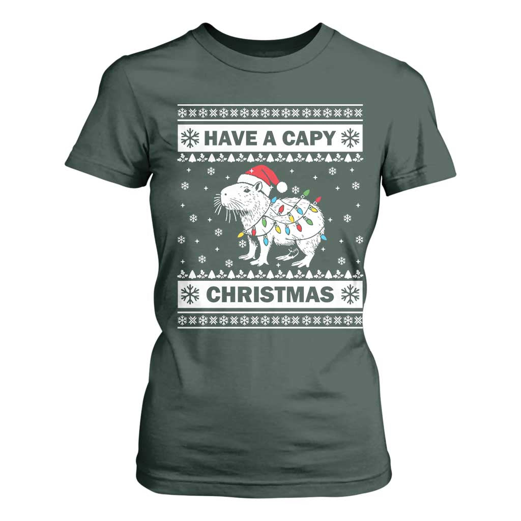 Funny Capybara Christmas T Shirt For Women Have A Capy Christmas Light TS09 Dark Forest Green Print Your Wear