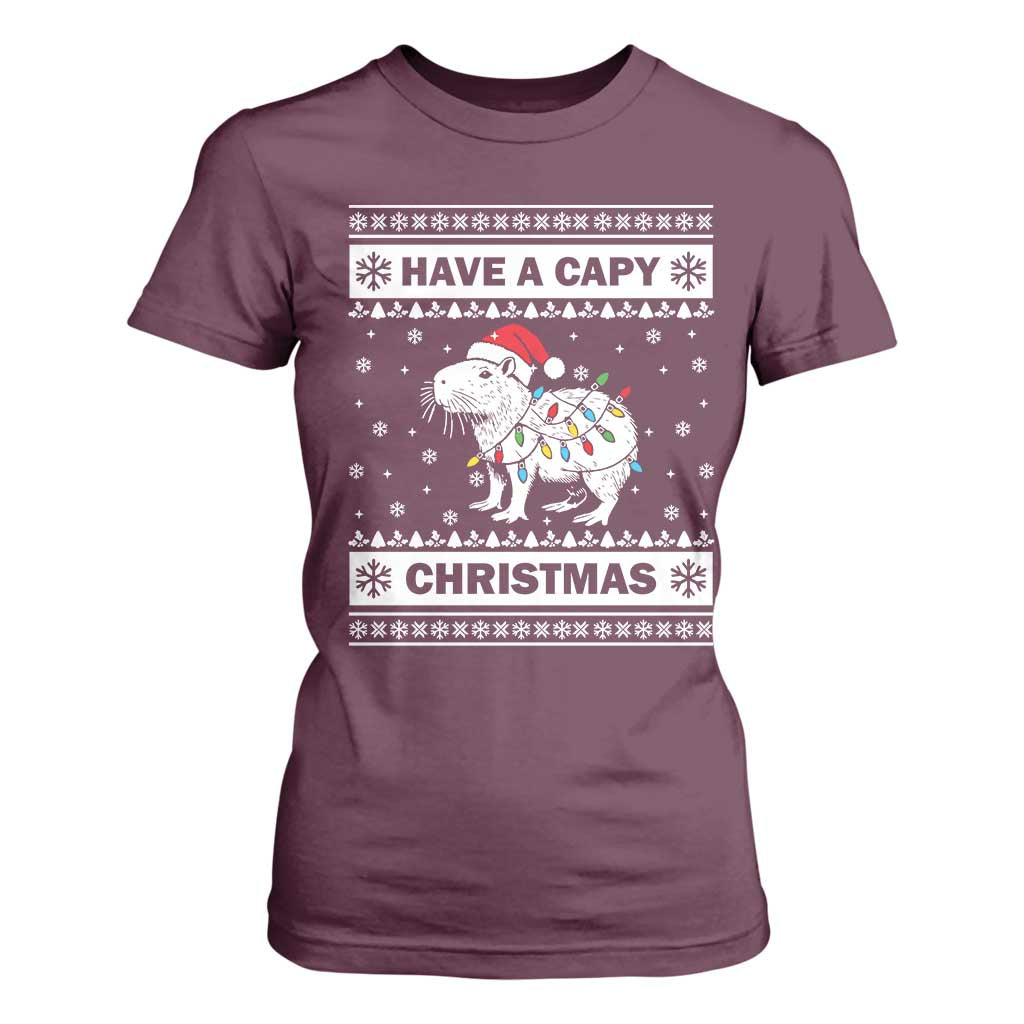 Funny Capybara Christmas T Shirt For Women Have A Capy Christmas Light TS09 Maroon Print Your Wear