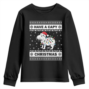Funny Capybara Christmas Youth Sweatshirt Have A Capy Christmas Light TS09 Black Print Your Wear