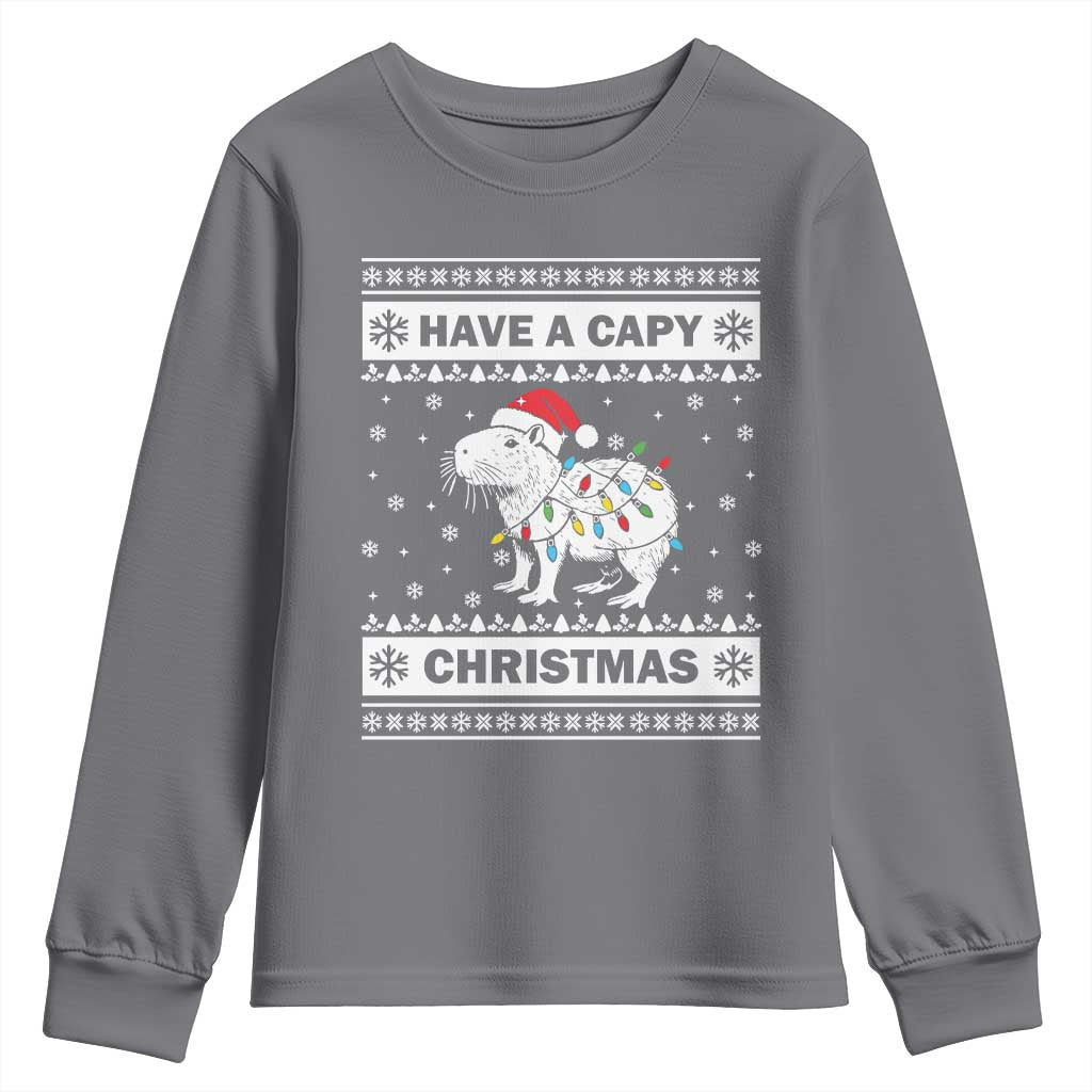 Funny Capybara Christmas Youth Sweatshirt Have A Capy Christmas Light TS09 Charcoal Print Your Wear