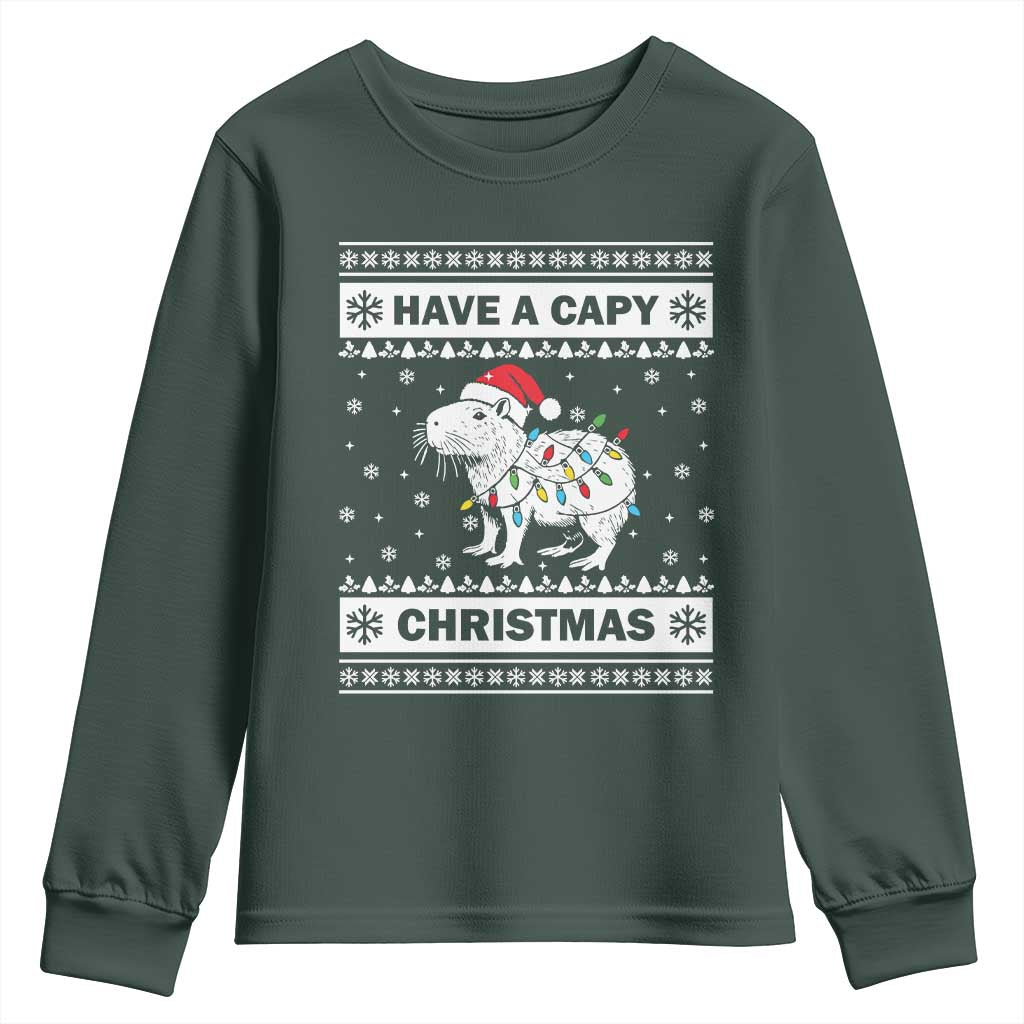 Funny Capybara Christmas Youth Sweatshirt Have A Capy Christmas Light TS09 Dark Forest Green Print Your Wear