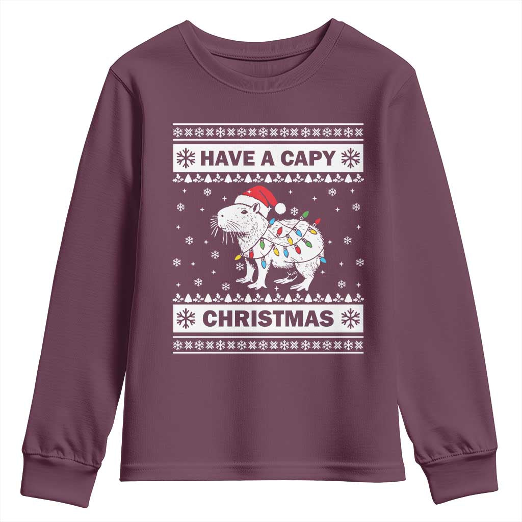 Funny Capybara Christmas Youth Sweatshirt Have A Capy Christmas Light TS09 Maroon Print Your Wear