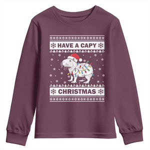 Funny Capybara Christmas Youth Sweatshirt Have A Capy Christmas Light TS09 Maroon Print Your Wear