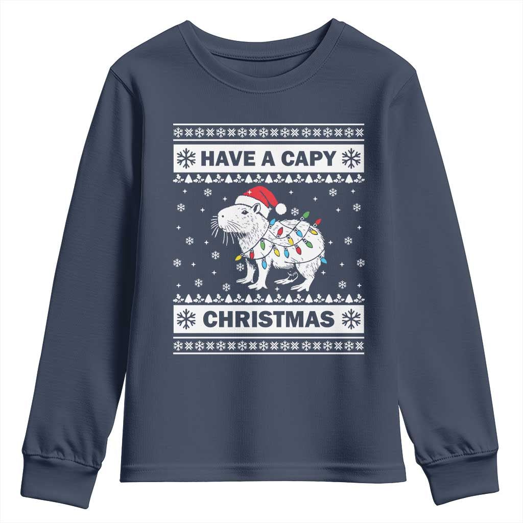 Funny Capybara Christmas Youth Sweatshirt Have A Capy Christmas Light TS09 Navy Print Your Wear