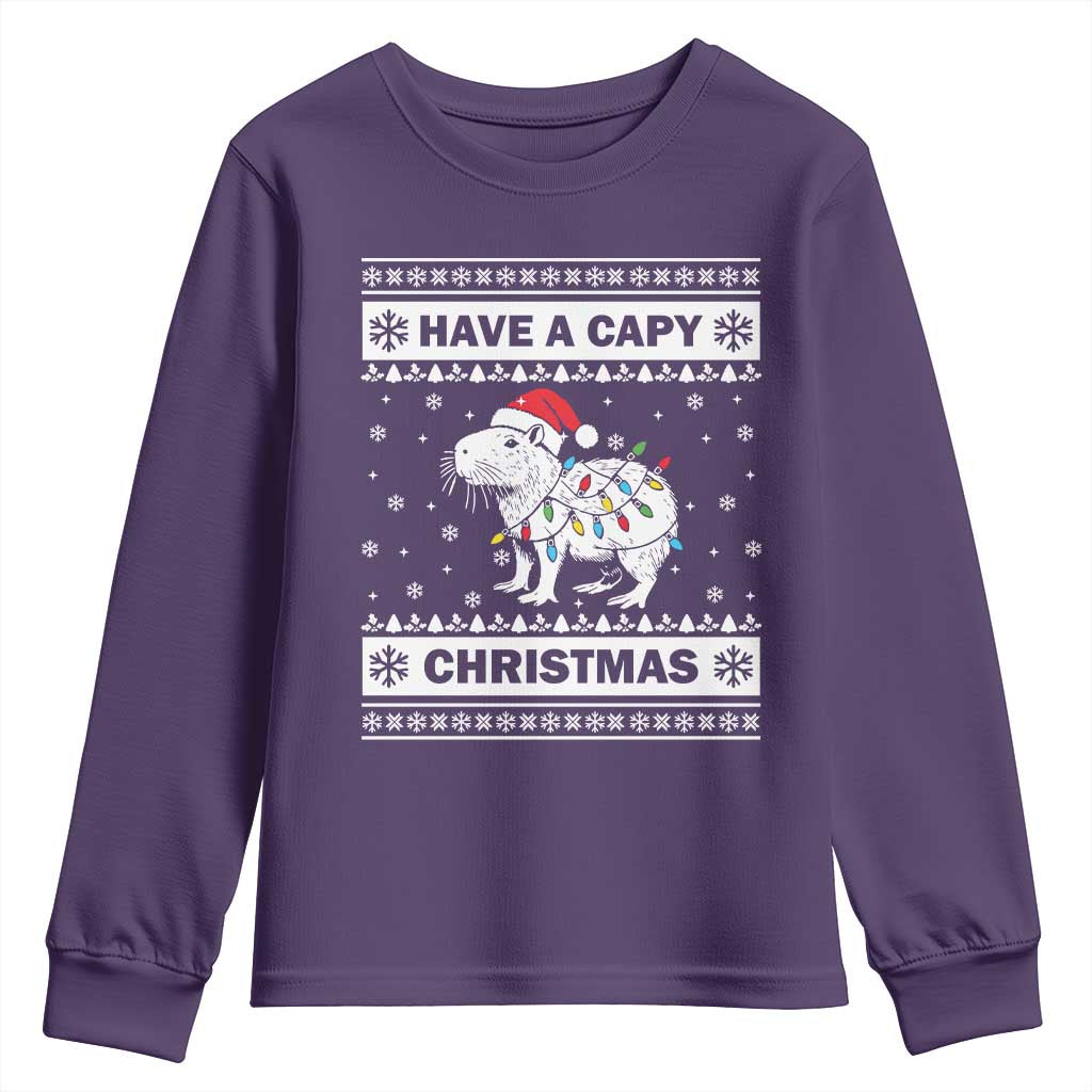Funny Capybara Christmas Youth Sweatshirt Have A Capy Christmas Light TS09 Purple Print Your Wear