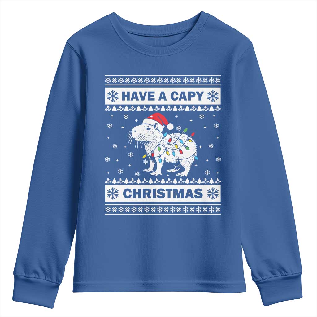 Funny Capybara Christmas Youth Sweatshirt Have A Capy Christmas Light TS09 Royal Blue Print Your Wear