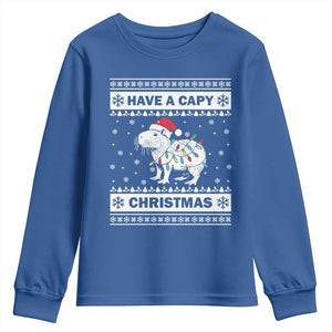Funny Capybara Christmas Youth Sweatshirt Have A Capy Christmas Light TS09 Royal Blue Print Your Wear