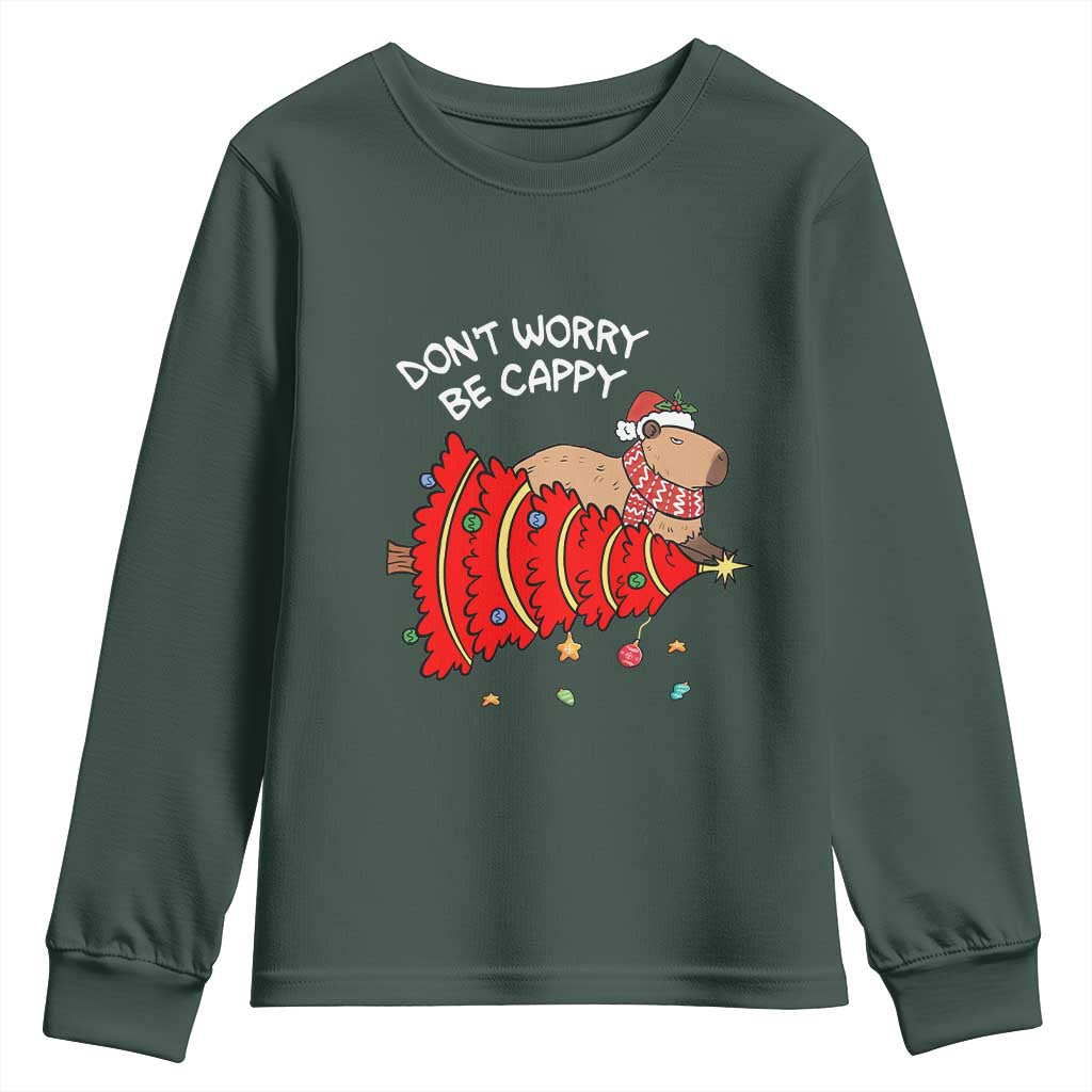 Funny Capybara Christmas Youth Sweatshirt Don't Worry Be Capy TS09 Dark Forest Green Print Your Wear