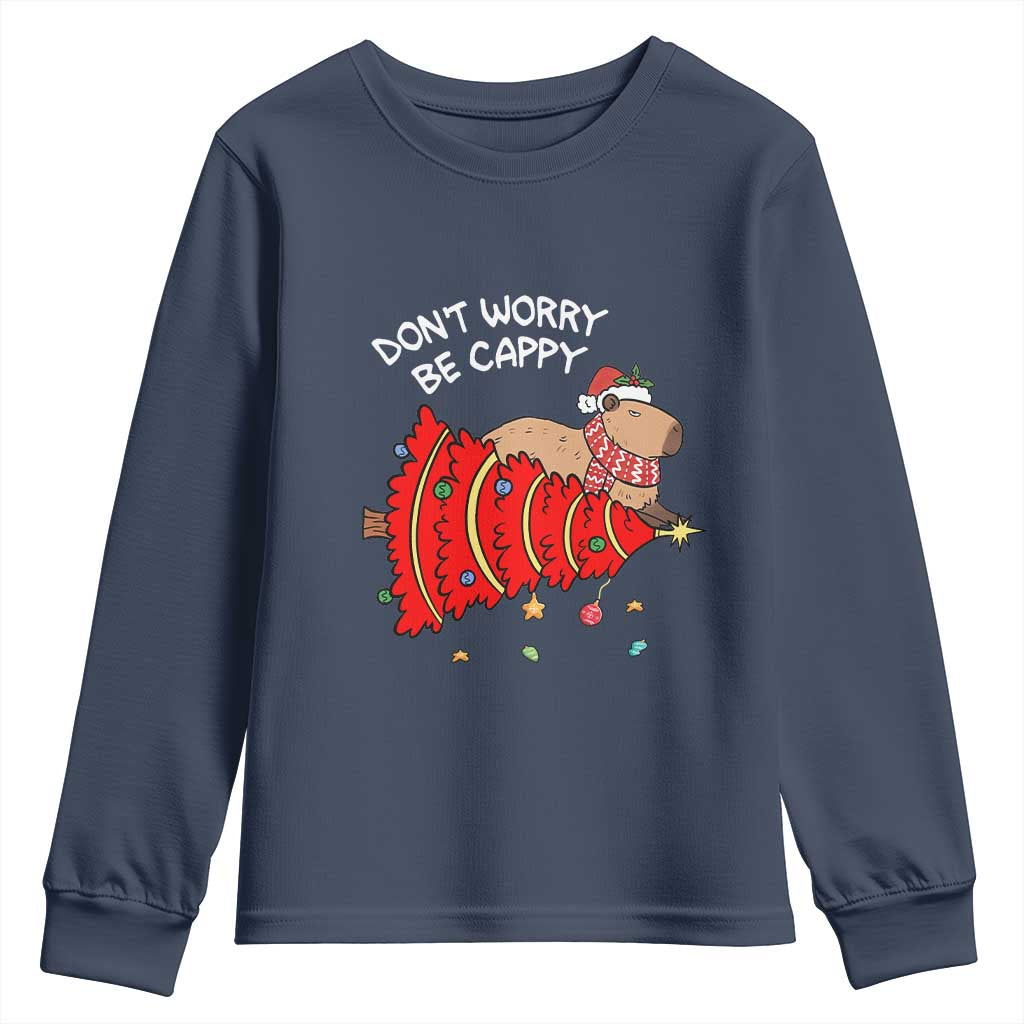 Funny Capybara Christmas Youth Sweatshirt Don't Worry Be Capy TS09 Navy Print Your Wear
