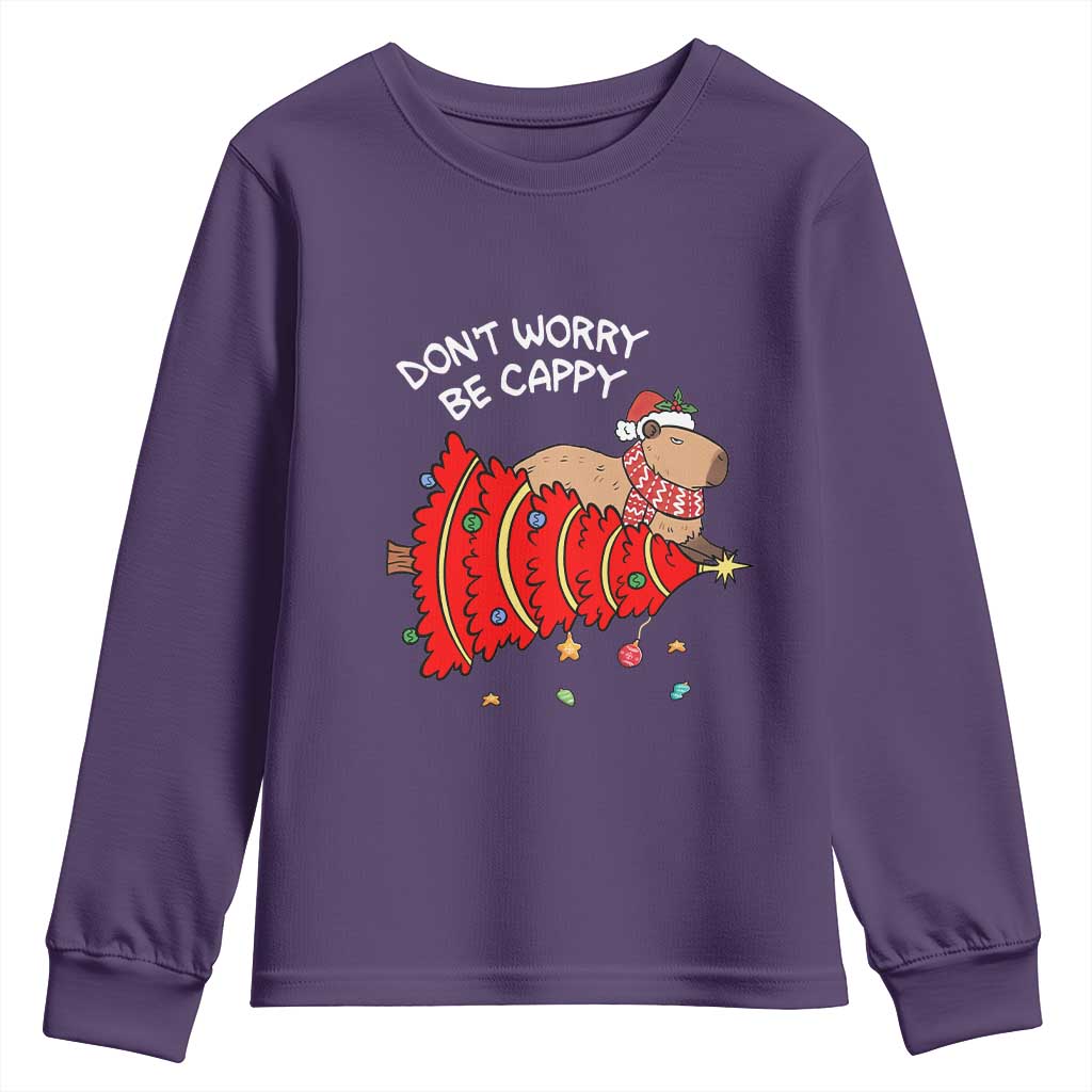 Funny Capybara Christmas Youth Sweatshirt Don't Worry Be Capy TS09 Purple Print Your Wear