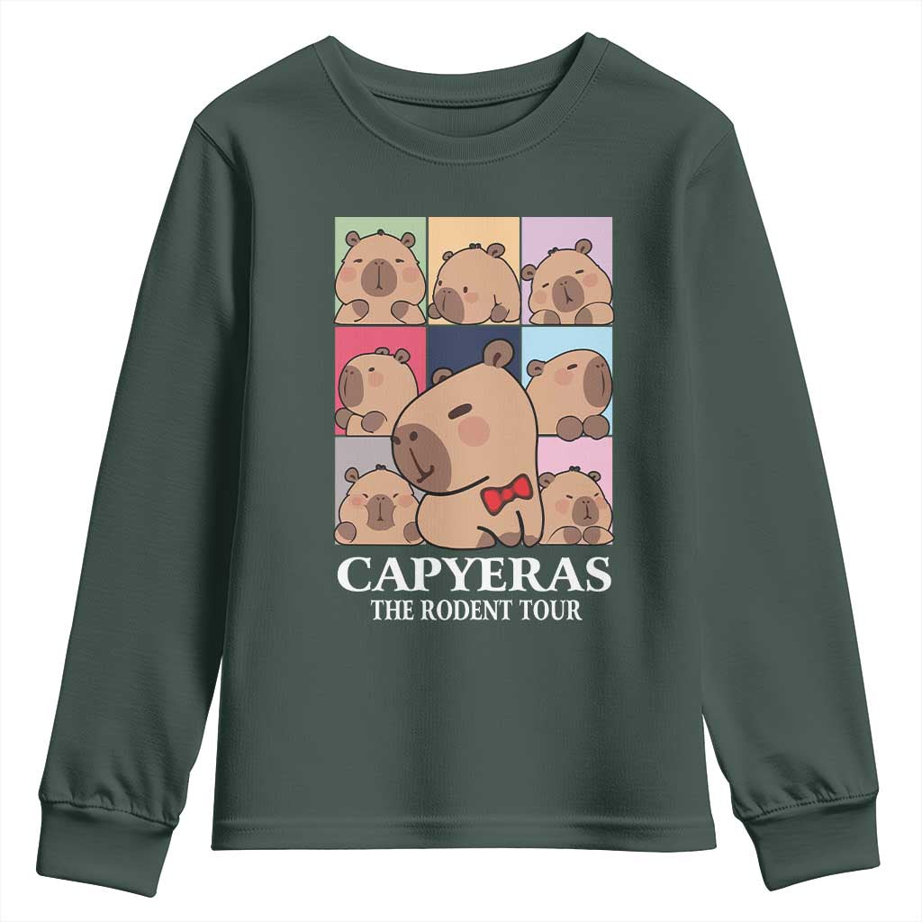 Funny Capybara Christmas Youth Sweatshirt Capyeras The Rodent Tour TS09 Dark Forest Green Print Your Wear