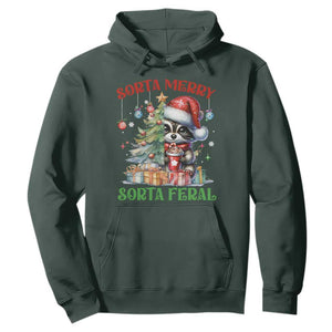 Funny Christmas Raccoon Hoodie Sorta Merry Sorta Feral Merry Trashmas TS09 Dark Forest Green Print Your Wear
