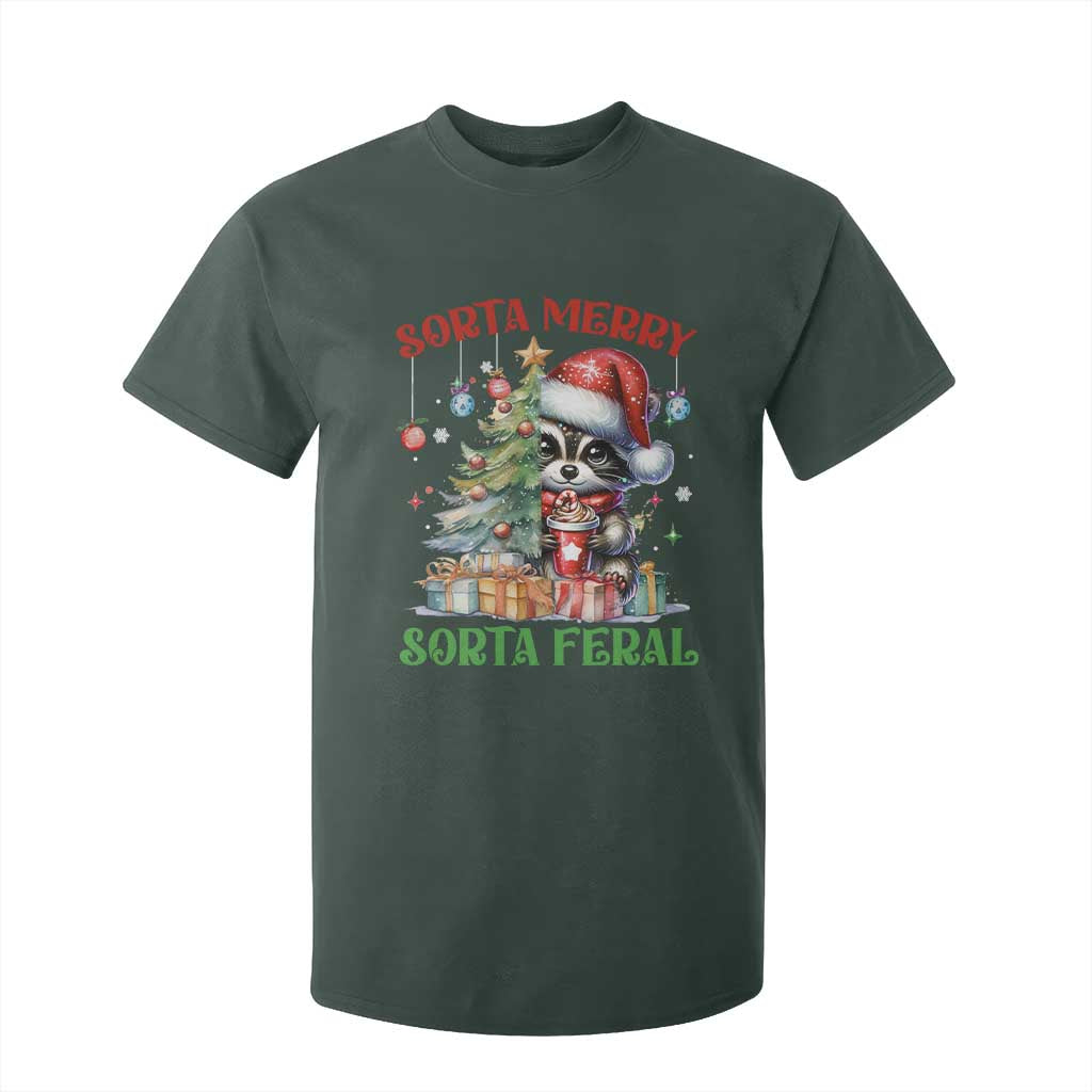 Funny Christmas Raccoon T Shirt For Kid Sorta Merry Sorta Feral Merry Trashmas TS09 Dark Forest Green Print Your Wear