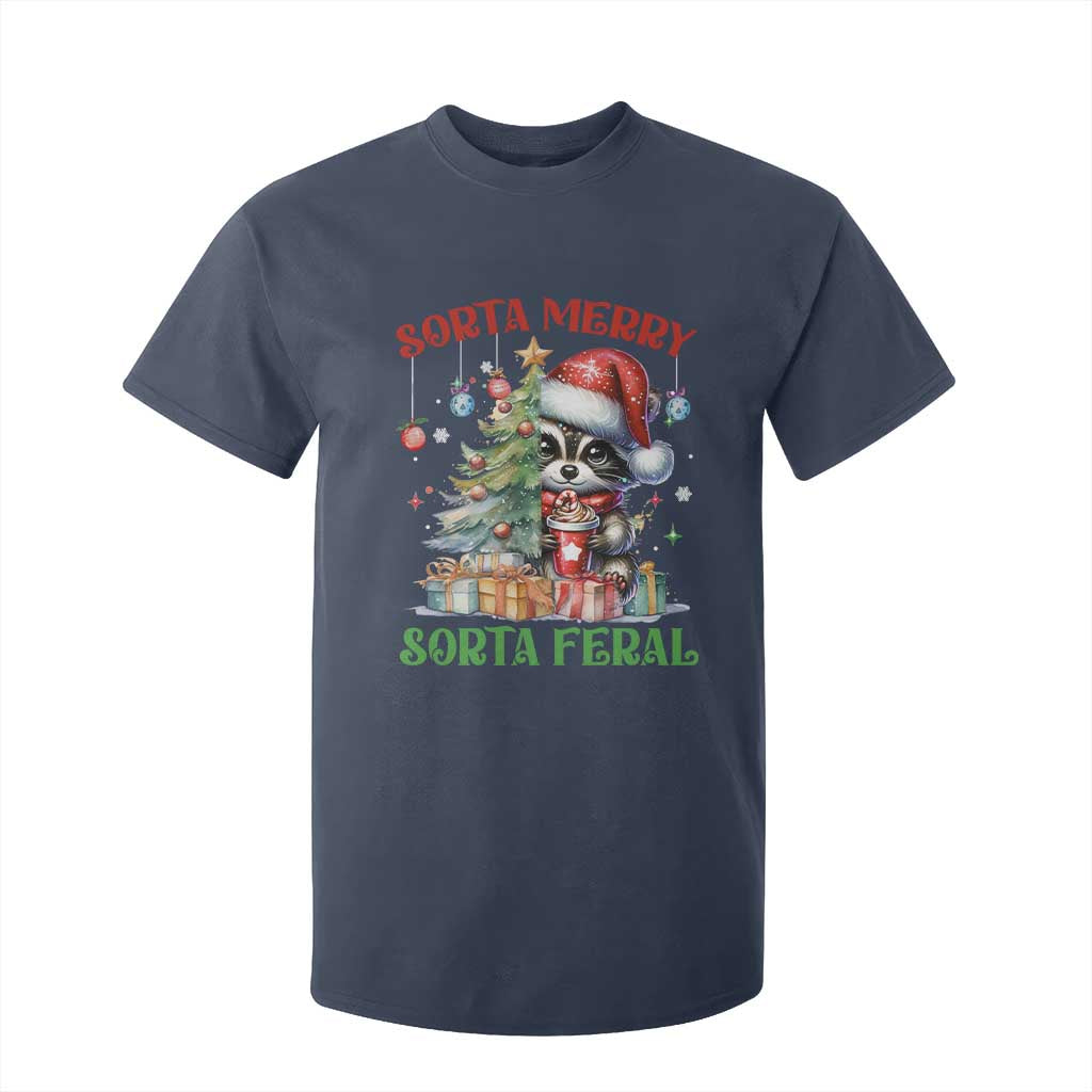 Funny Christmas Raccoon T Shirt For Kid Sorta Merry Sorta Feral Merry Trashmas TS09 Navy Print Your Wear
