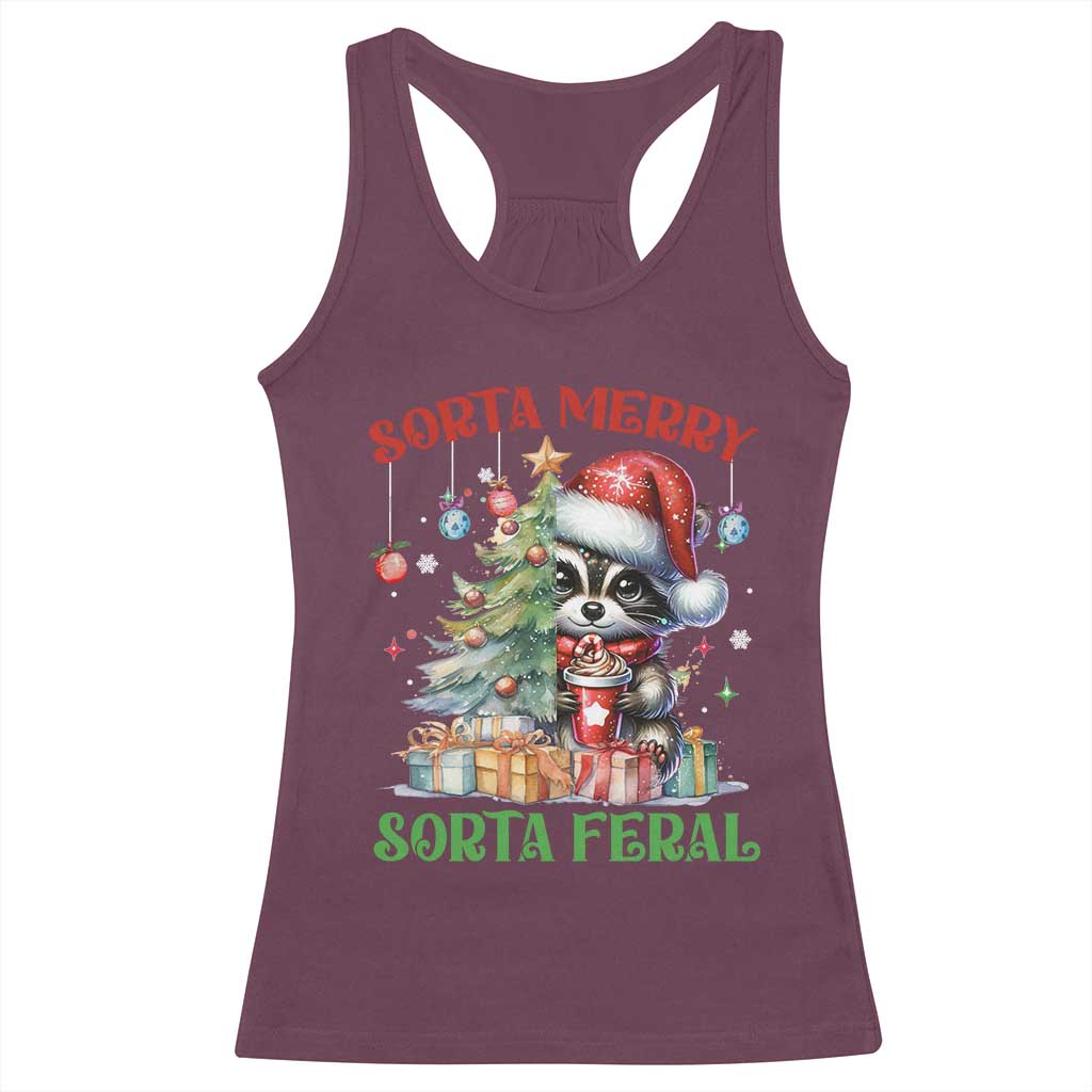 Funny Christmas Raccoon Racerback Tank Top Sorta Merry Sorta Feral Merry Trashmas TS09 Maroon Print Your Wear