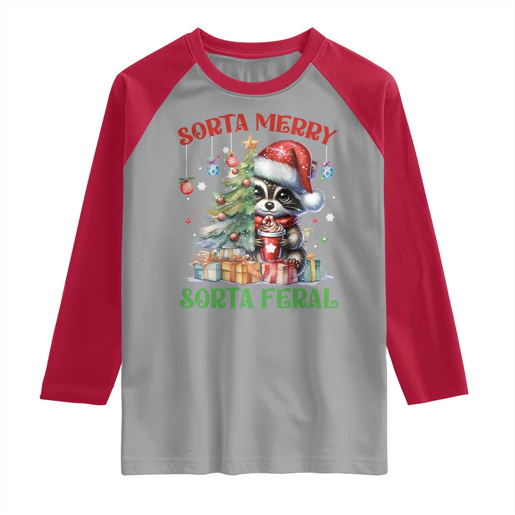 Funny Christmas Raccoon Raglan Shirt Sorta Merry Sorta Feral Merry Trashmas TS09 Sport Gray Red Print Your Wear