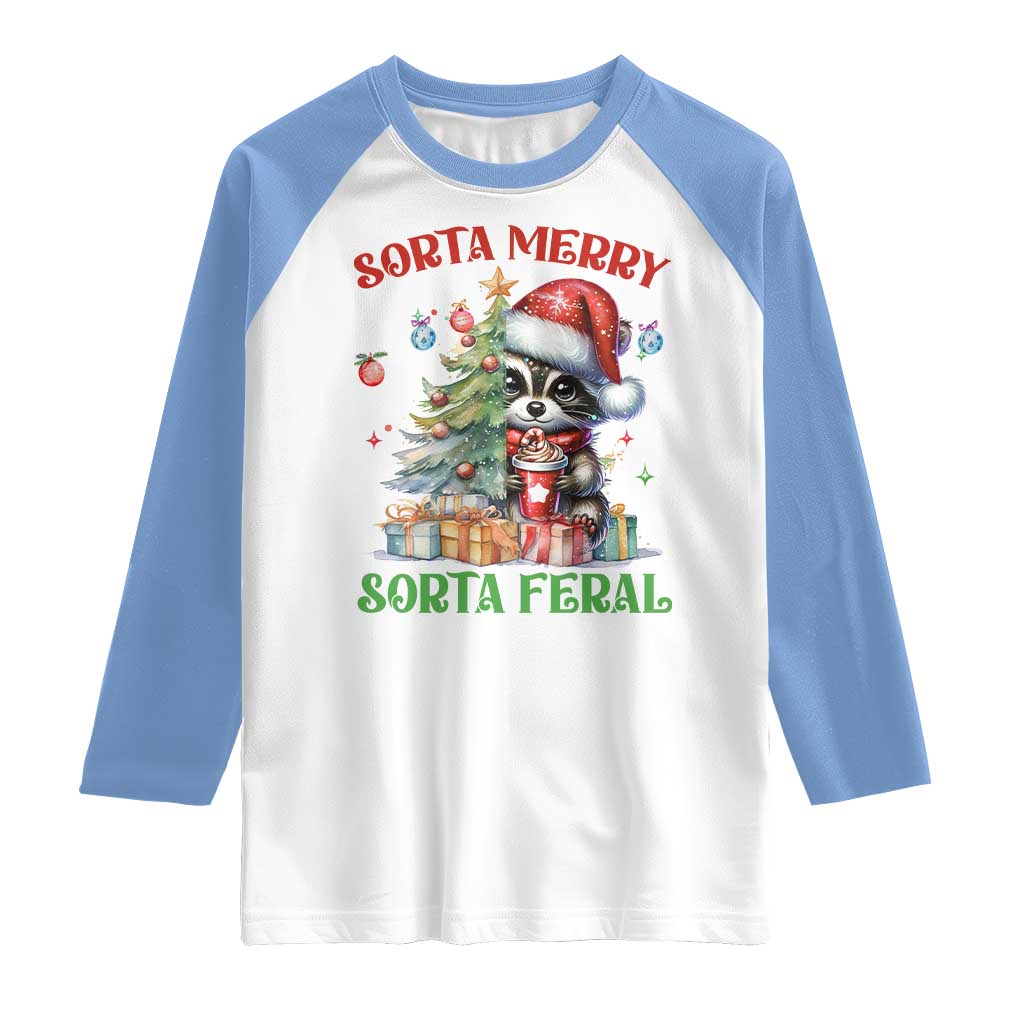 Funny Christmas Raccoon Raglan Shirt Sorta Merry Sorta Feral Merry Trashmas TS09 White Carolina Blue Print Your Wear