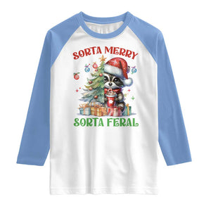 Funny Christmas Raccoon Raglan Shirt Sorta Merry Sorta Feral Merry Trashmas TS09 White Carolina Blue Print Your Wear