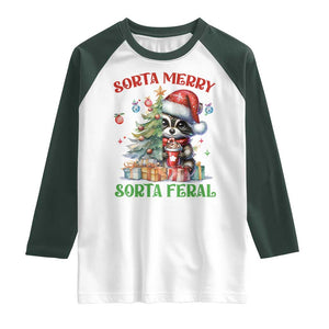 Funny Christmas Raccoon Raglan Shirt Sorta Merry Sorta Feral Merry Trashmas TS09 White Dark Forest Green Print Your Wear