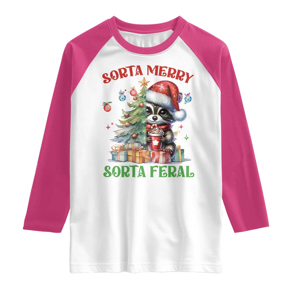 Funny Christmas Raccoon Raglan Shirt Sorta Merry Sorta Feral Merry Trashmas TS09 White Heliconia Print Your Wear