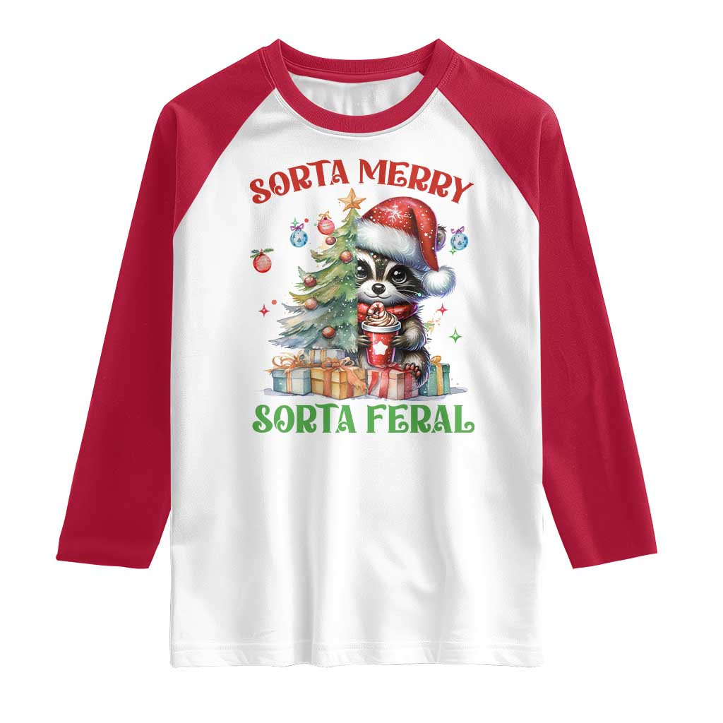 Funny Christmas Raccoon Raglan Shirt Sorta Merry Sorta Feral Merry Trashmas TS09 White Red Print Your Wear