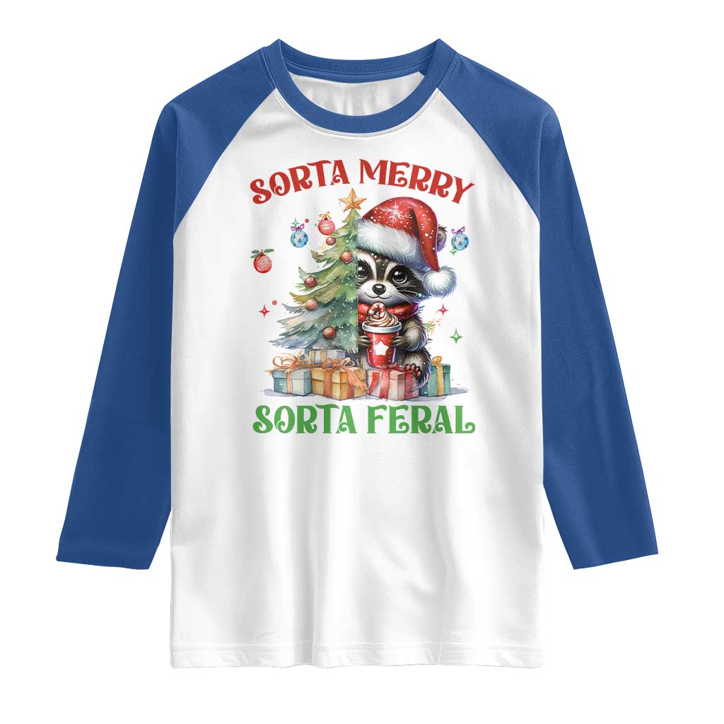 Funny Christmas Raccoon Raglan Shirt Sorta Merry Sorta Feral Merry Trashmas TS09 White Royal Print Your Wear