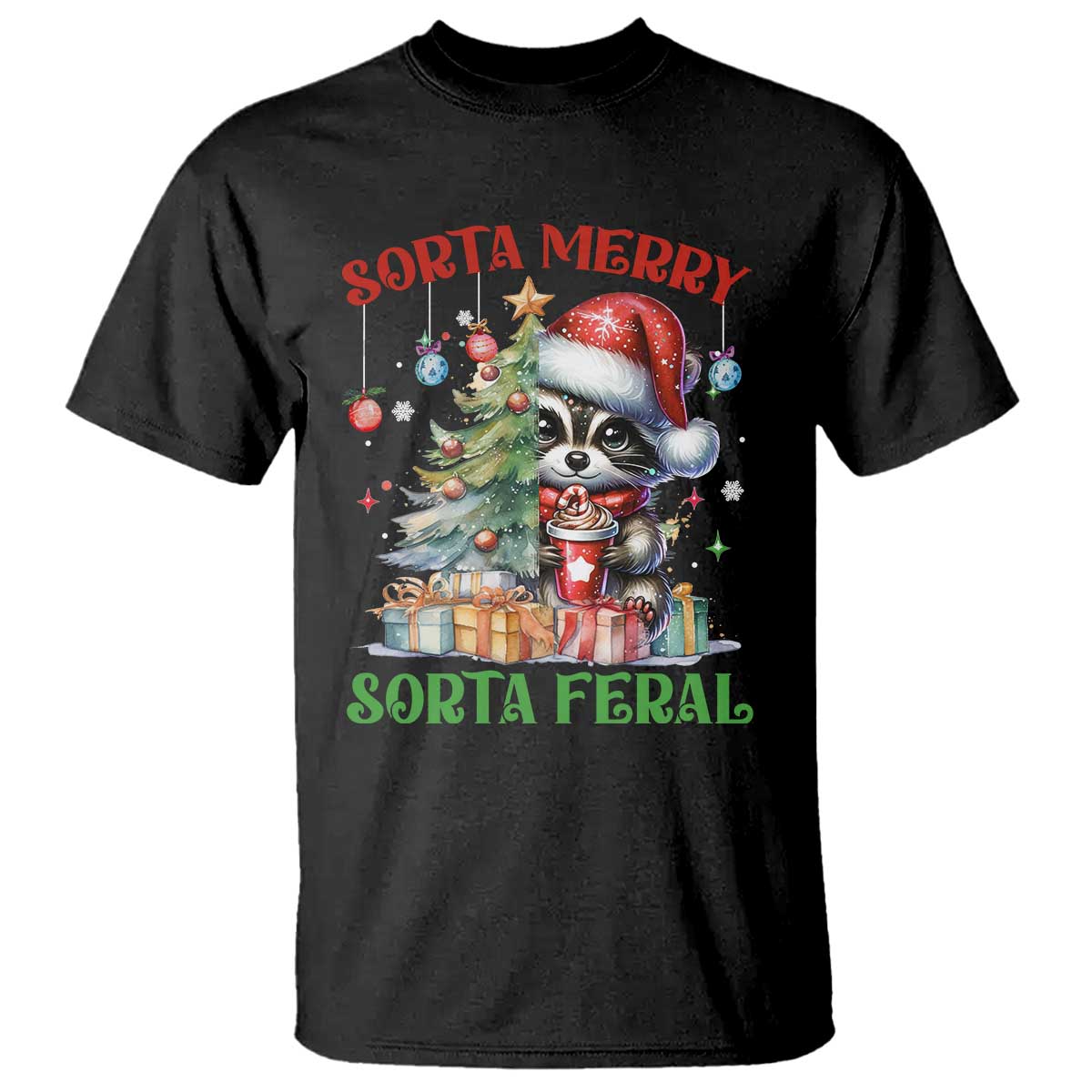 Funny Christmas Raccoon T Shirt Sorta Merry Sorta Feral Merry Trashmas TS09 Black Print Your Wear