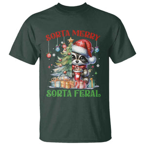 Funny Christmas Raccoon T Shirt Sorta Merry Sorta Feral Merry Trashmas TS09 Dark Forest Green Print Your Wear