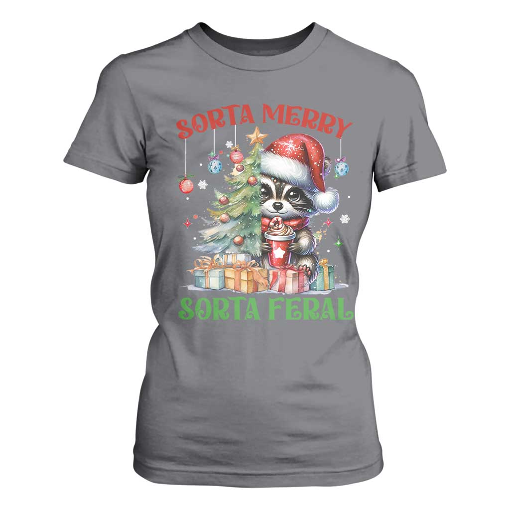 Funny Christmas Raccoon T Shirt For Women Sorta Merry Sorta Feral Merry Trashmas TS09 Charcoal Print Your Wear
