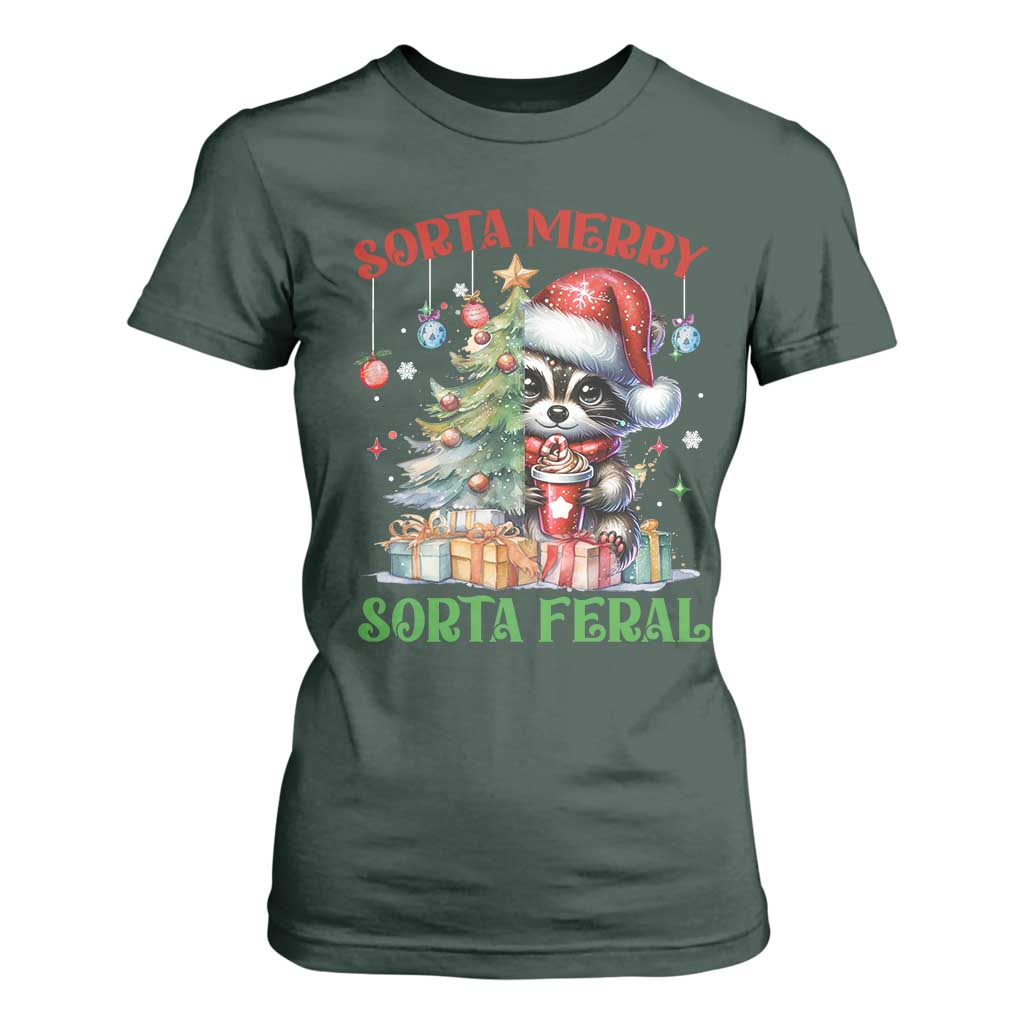 Funny Christmas Raccoon T Shirt For Women Sorta Merry Sorta Feral Merry Trashmas TS09 Dark Forest Green Print Your Wear