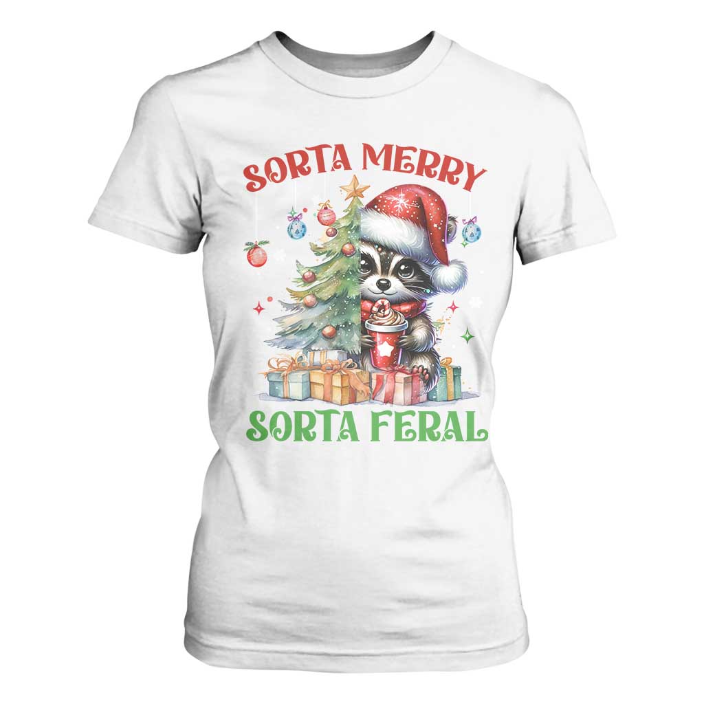 Funny Christmas Raccoon T Shirt For Women Sorta Merry Sorta Feral Merry Trashmas TS09 White Print Your Wear