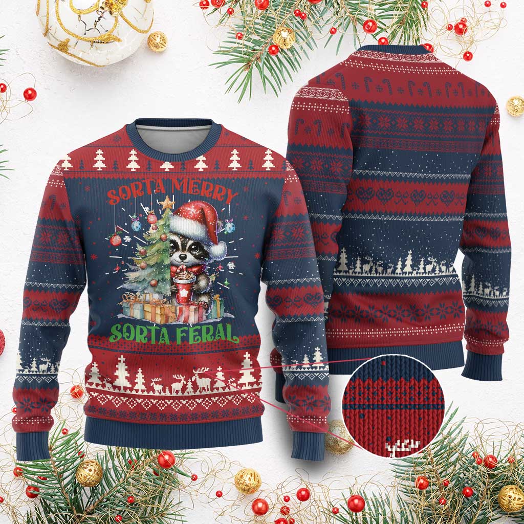 Funny Xmas Raccoon Ugly Christmas Sweater Sorta Merry Sorta Feral Merry Trashmas TS09 Burgundy Print Your Wear