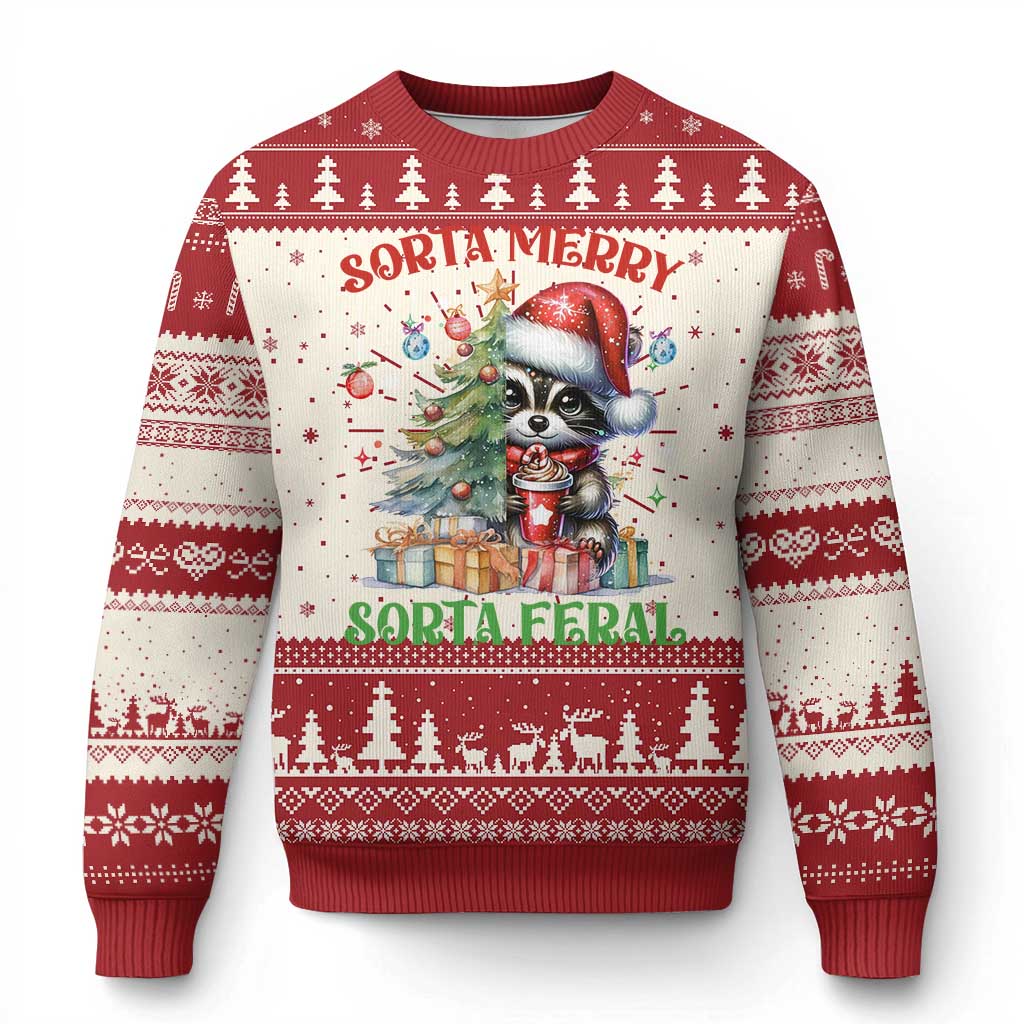 Funny Xmas Raccoon Ugly Christmas Sweater Sorta Merry Sorta Feral Merry Trashmas TS09 Red Print Your Wear