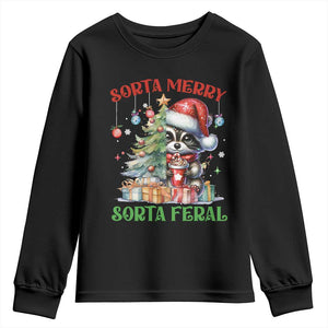 Funny Christmas Raccoon Youth Sweatshirt Sorta Merry Sorta Feral Merry Trashmas TS09 Black Print Your Wear