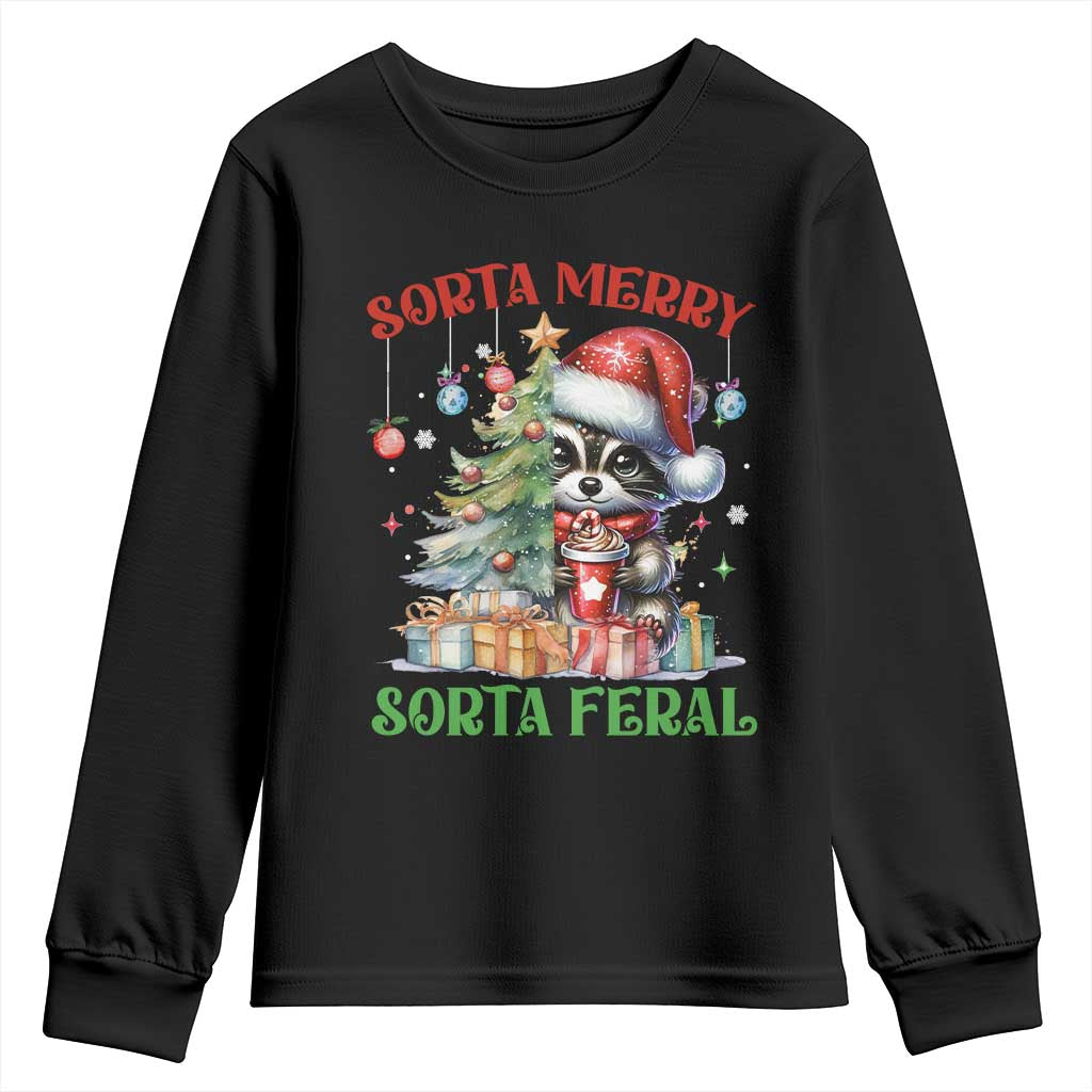 Funny Christmas Raccoon Youth Sweatshirt Sorta Merry Sorta Feral Merry Trashmas TS09 Black Print Your Wear