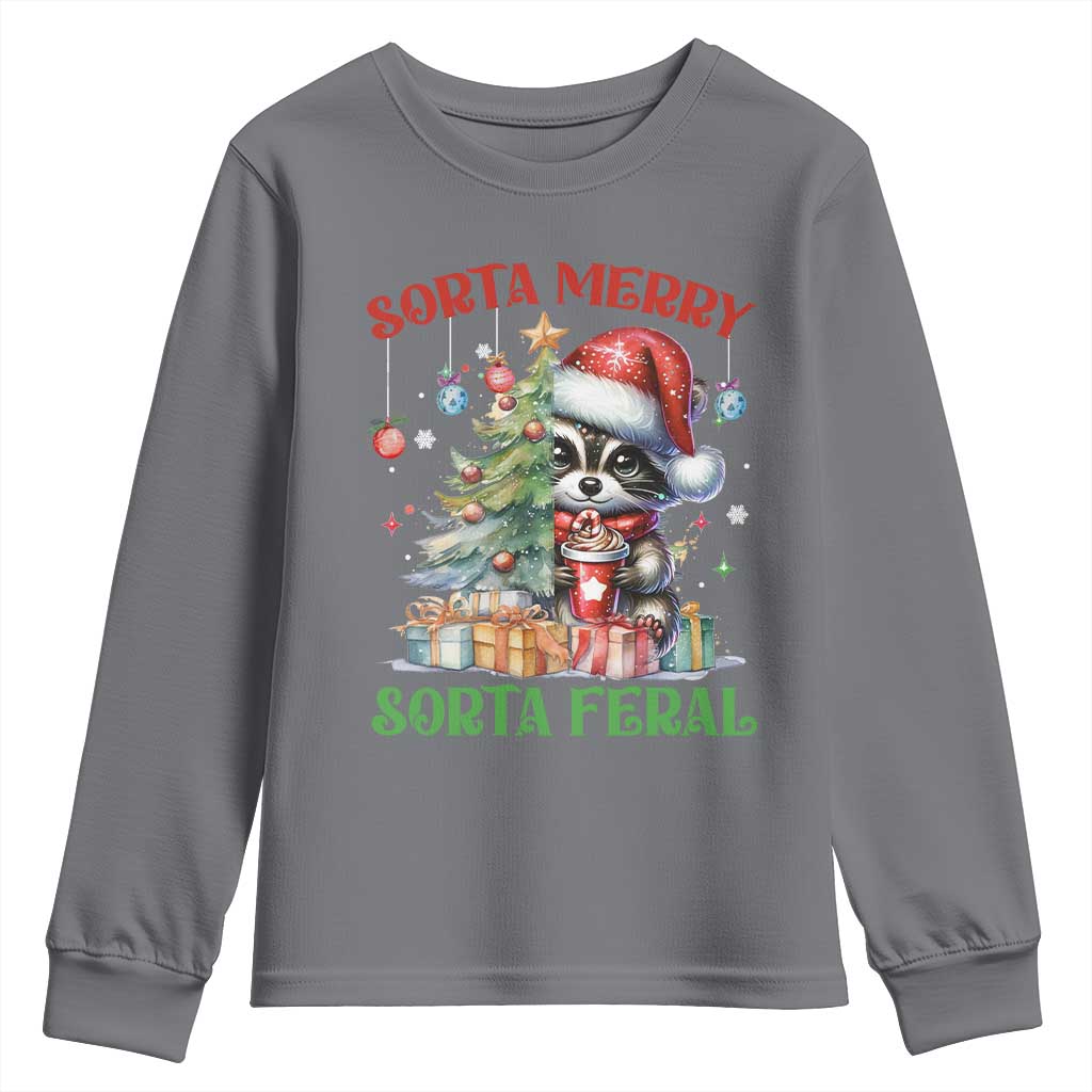 Funny Christmas Raccoon Youth Sweatshirt Sorta Merry Sorta Feral Merry Trashmas TS09 Charcoal Print Your Wear