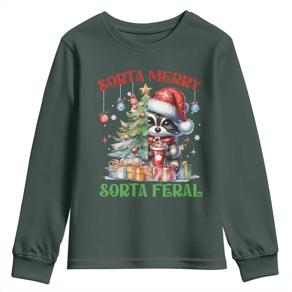 Funny Christmas Raccoon Youth Sweatshirt Sorta Merry Sorta Feral Merry Trashmas TS09 Dark Forest Green Print Your Wear