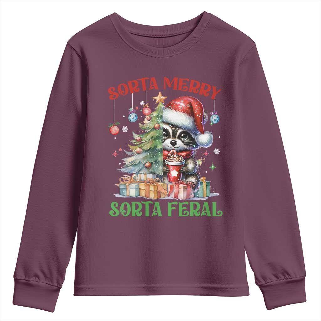 Funny Christmas Raccoon Youth Sweatshirt Sorta Merry Sorta Feral Merry Trashmas TS09 Maroon Print Your Wear
