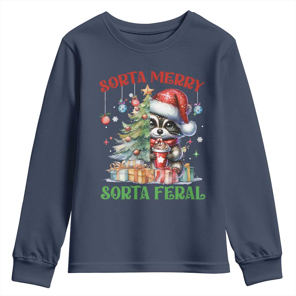 Funny Christmas Raccoon Youth Sweatshirt Sorta Merry Sorta Feral Merry Trashmas TS09 Navy Print Your Wear