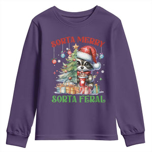 Funny Christmas Raccoon Youth Sweatshirt Sorta Merry Sorta Feral Merry Trashmas TS09 Purple Print Your Wear