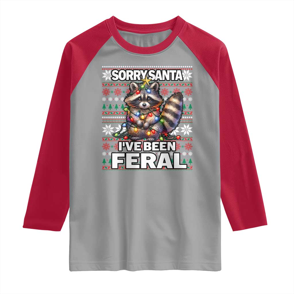 Funny Christmas Raccoon Raglan Shirt Sorry Santa I've Been Feral TS09 Sport Gray Red Print Your Wear