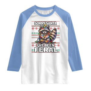 Funny Christmas Raccoon Raglan Shirt Sorry Santa I've Been Feral TS09 White Carolina Blue Print Your Wear