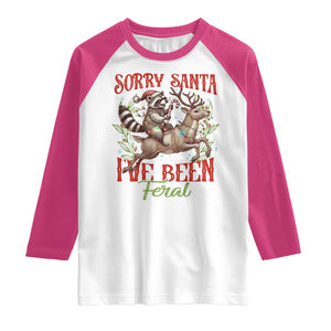 Funny Christmas Raccoon Raglan Shirt Sorry Santa I've Been Feral Reindeer TS09 White Heliconia Print Your Wear