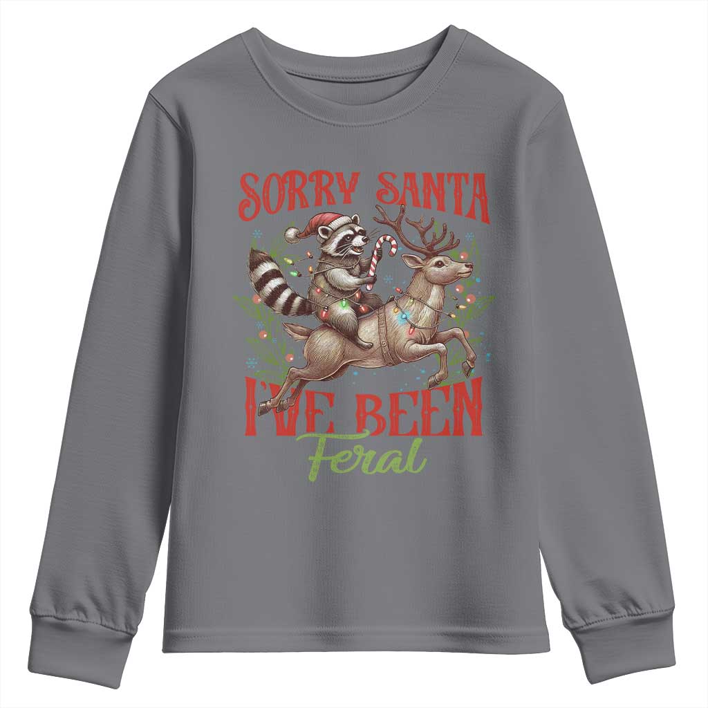 Funny Christmas Raccoon Youth Sweatshirt Sorry Santa I've Been Feral Reindeer TS09 Charcoal Print Your Wear