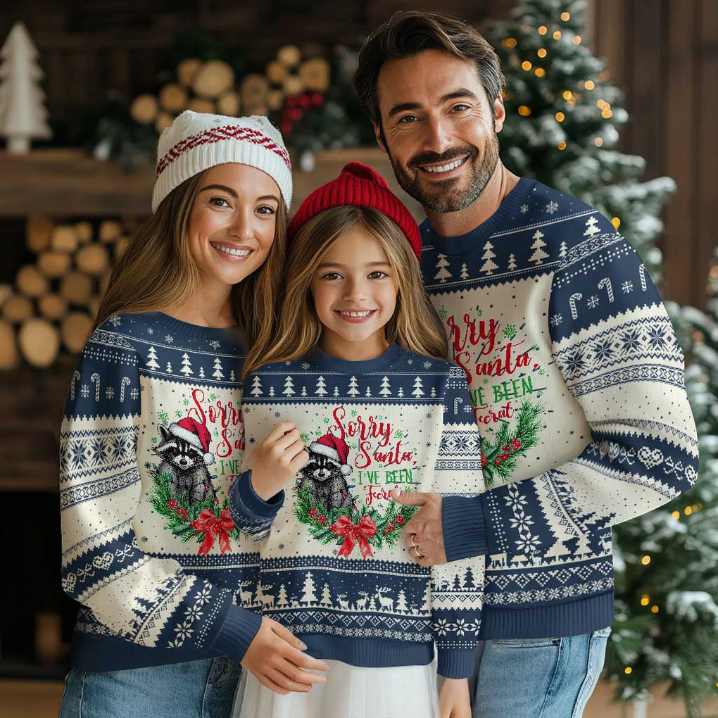 Funny Xmas Ugly Christmas Sweater Sorry Santa I've Been Feral Raccoon TS09 Navy Print Your Wear