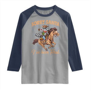 Funny Christmas Raccoon Raglan Shirt Sorry Santa I've Been Feral Cowboy TS09 Sport Gray Navy Print Your Wear