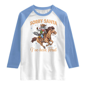 Funny Christmas Raccoon Raglan Shirt Sorry Santa I've Been Feral Cowboy TS09 White Carolina Blue Print Your Wear