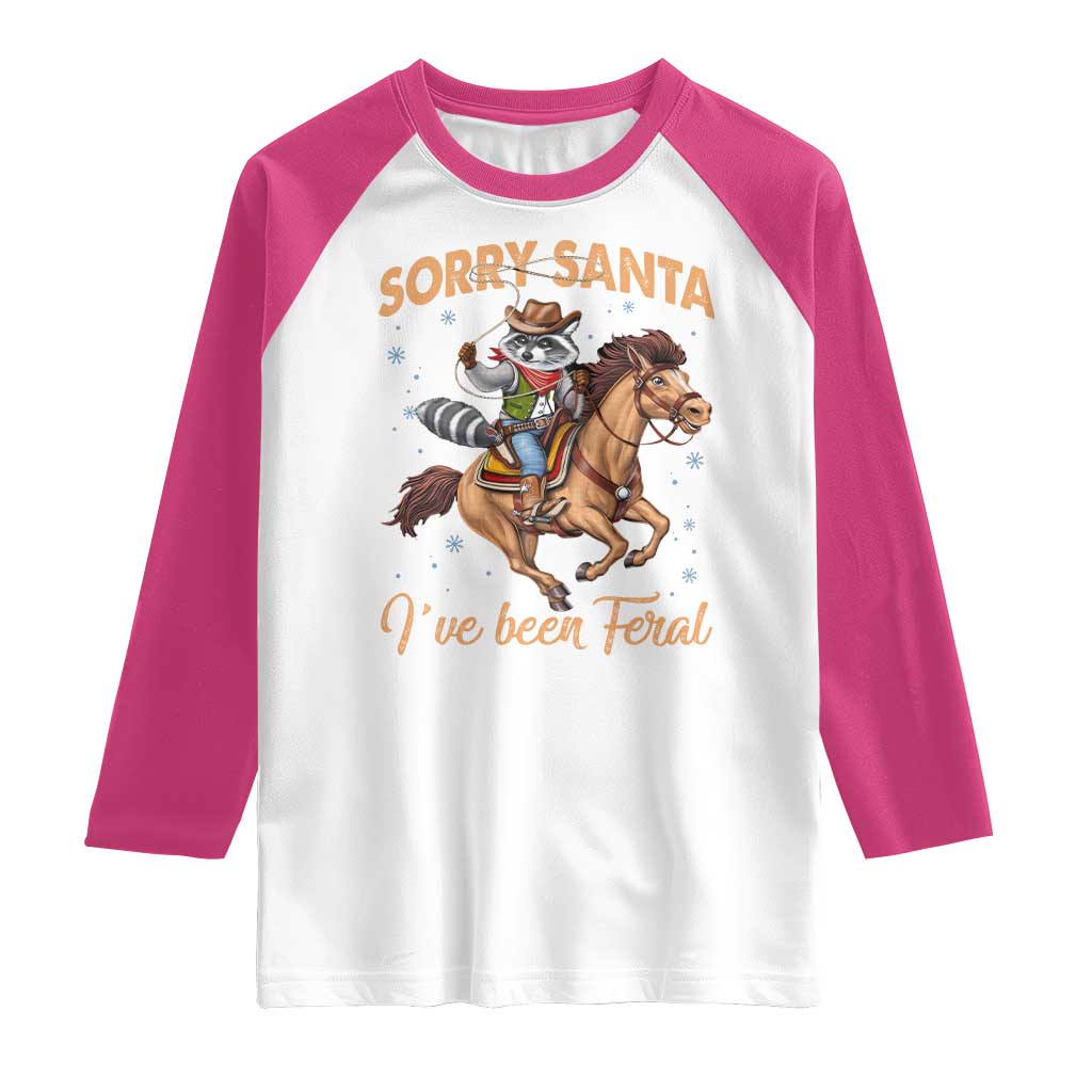 Funny Christmas Raccoon Raglan Shirt Sorry Santa I've Been Feral Cowboy TS09 White Heliconia Print Your Wear