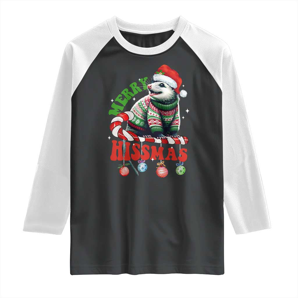 Funny Christmas Opossum Raglan Shirt Merry Hissmass TS09 Black White Print Your Wear