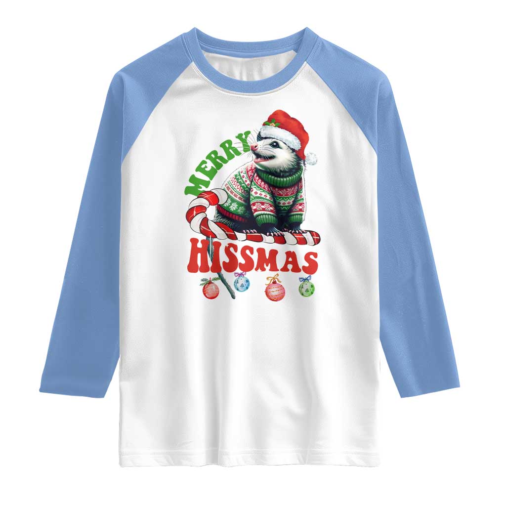 Funny Christmas Opossum Raglan Shirt Merry Hissmass TS09 White Carolina Blue Print Your Wear